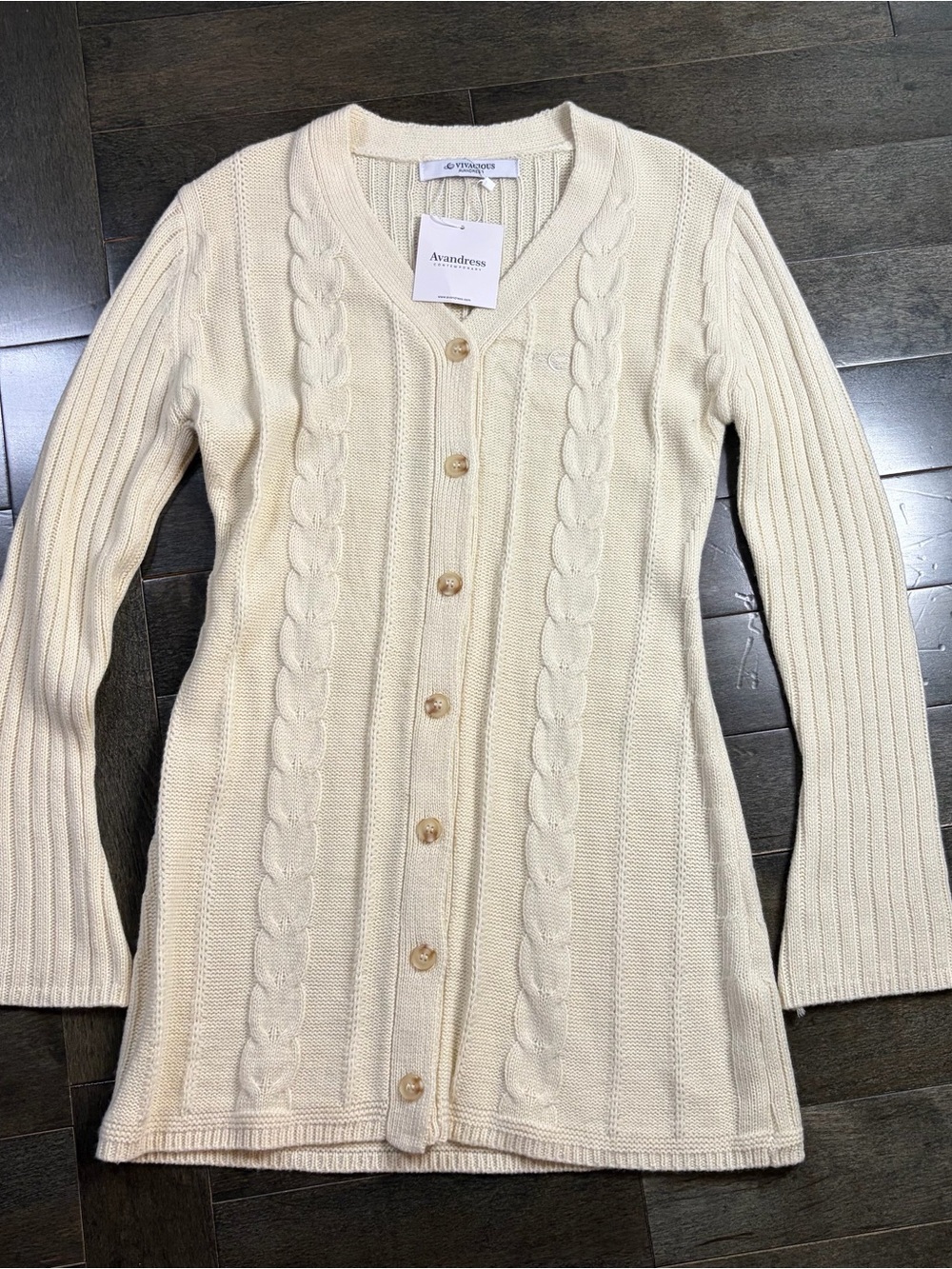 Vivacious Avandress Cable Knit Button Front Longline Cardigan Sweater Cream NWT